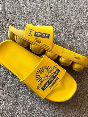 Meow Wolf Omega Mart Yellow 'Farm Fresh' Slide Cage Free Toes Sandals